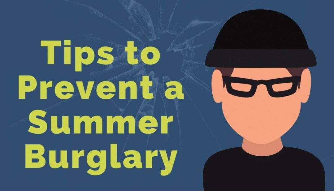 Cartoon burglar with text on security tips