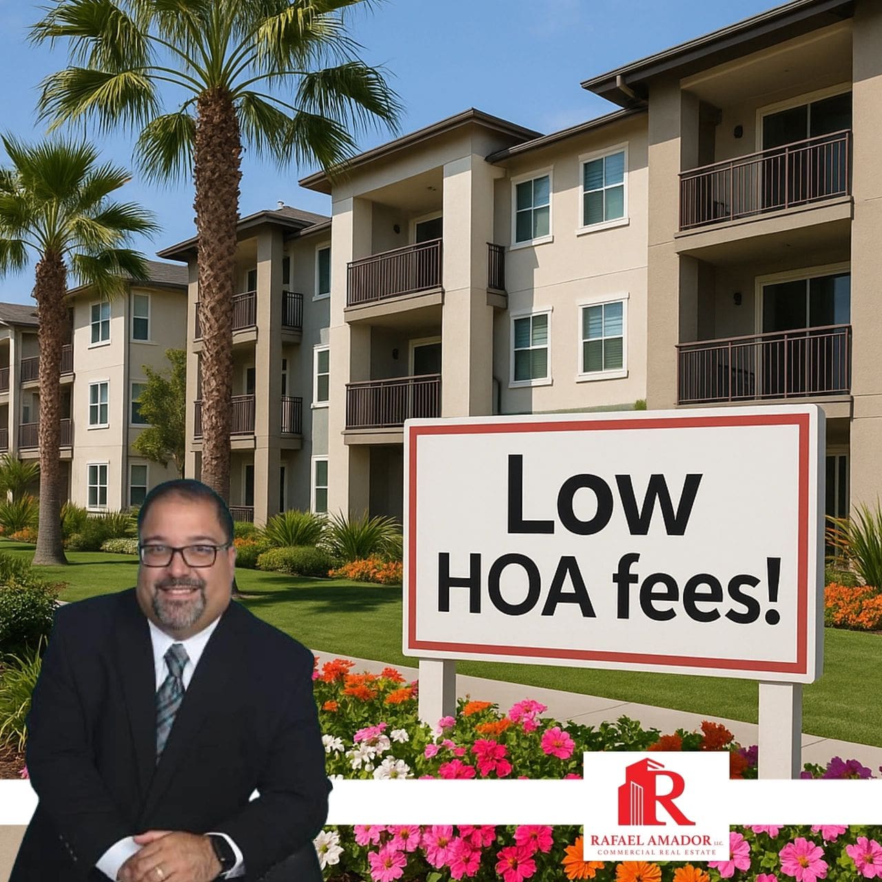 Real estate agent promotes low HOA fees in front of apartment complex.